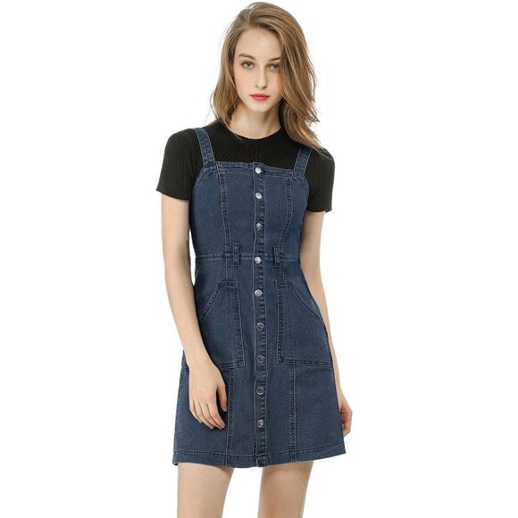 Women's Classic Adjustable Strap A-Line Overall Denim Dress Dark Blue - Picture 4 of 6